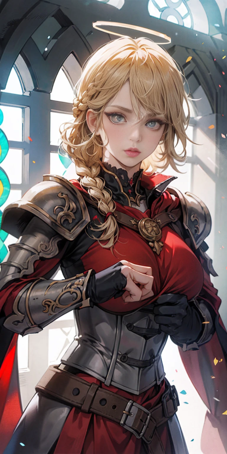 upper body of paladin lady in ornate golden armor, black collar, pauldrons, breastplate, corset, glowing halo, single braid, glowing eyes, bright pupils, eye focus, red cape, temple indoors, stained glass windows, day, daytime daylight, particles, light beam, chromatic aberration