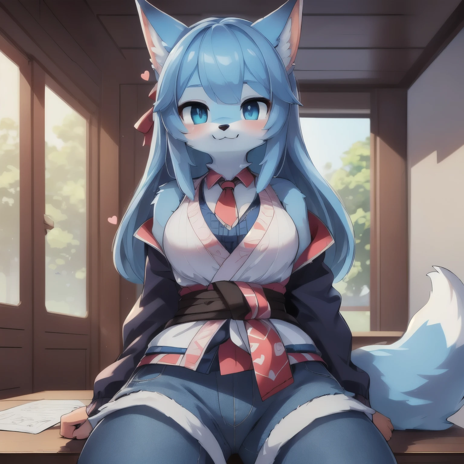 Highly detailed eyes of quality:, Highly detailed students:. Very detailed five fingers:, Very detailed hands:, The arms are very detailed:. Very detailed background:, Very detailed and beautiful illustrations:, masterpiece:, high quality:, high quality, High image quality:, anime illustration, super illustration, Unreal Engine, Super 3D illustration:, clarity, optimal, Ultra-fine:, Super resolution:, 16K:. Race (((Only 01, single, 1 female:))), ((hairy: 0.86)), orc, ((dark blue fur:)), ((squint,Has the charm of a beautiful fox) woman in her 30s,Cute smile,Smile elegantly)), Small face, heterochromia:, Bright Eyes, heart shaped eyes, fangs on skin, Moderate body size, medium bust, hairy的尾巴和尾骨. attached to:, Pi Ya, Situation Sitting Hairstyle Straight Long Hair Bangs Clothing Casual Letter Printed Round Neck Vest, Casual lightweight jacket that ties around the waist, long jeans pose/Front view shot of cowboy drinking tea from plastic bottle. A cute casual room with a moderately bright background.