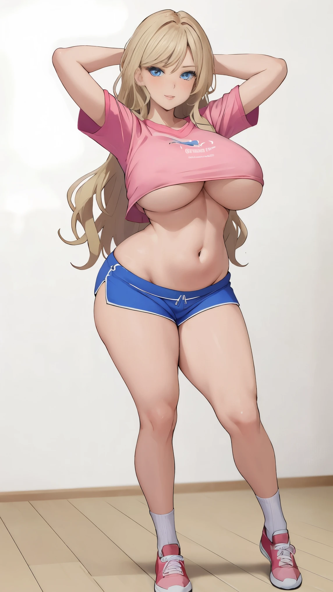 high detailed, masterpiece full body image of 1girl cartoon character, posing sexy, subtle smile, pouting, full lips, blonde hair, wavy hair, blue eyes, perfect hands, big breast, wide hips, thick thighs, pink tshirt, crop top, blue shorts, sport socks, sport shoes, simple scene, white background, white wall, shinny floor, white floor good hands good body tight bikini