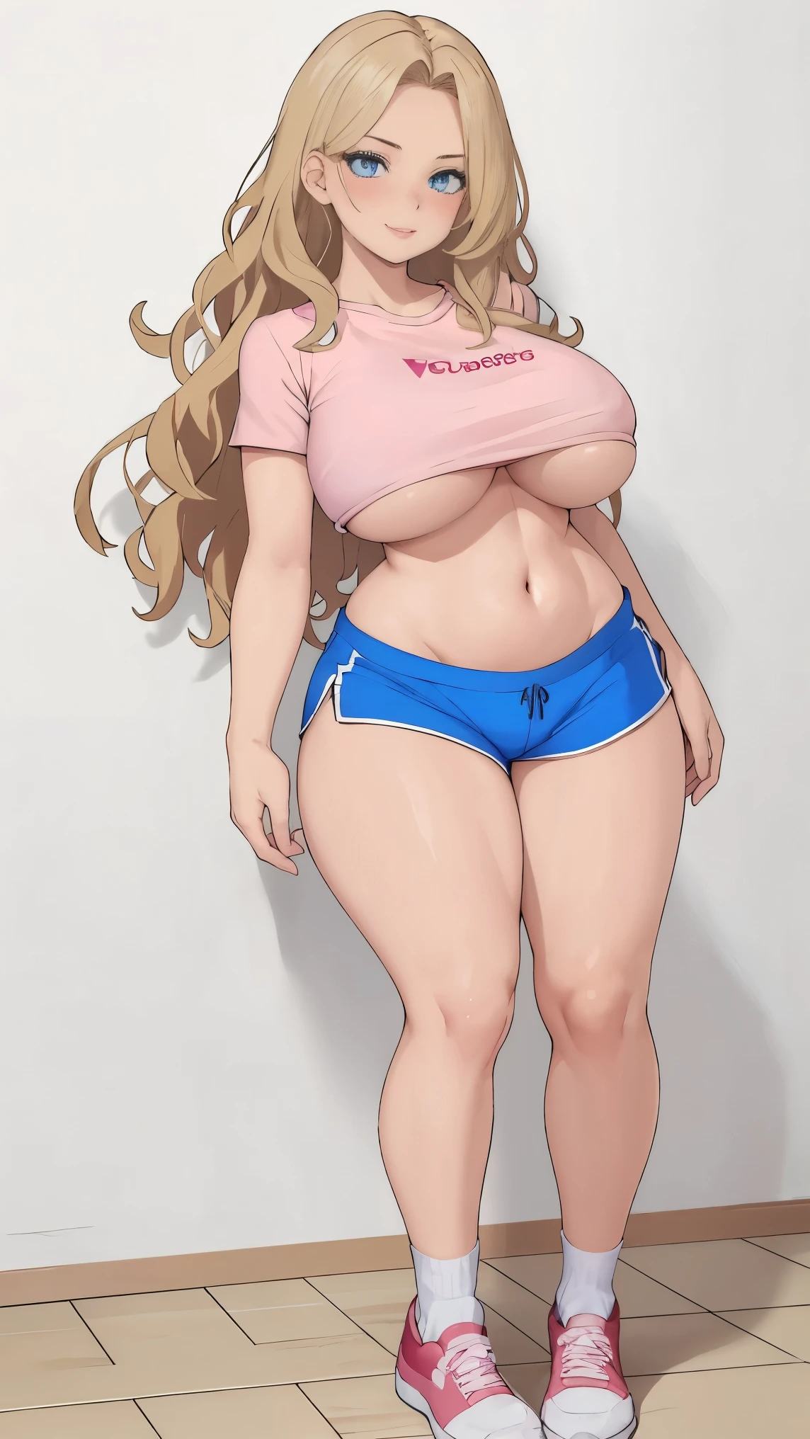 high detailed, masterpiece full body image of 1girl cartoon character, posing sexy, subtle smile, pouting, full lips, blonde hair, wavy hair, blue eyes, perfect hands, big breast, wide hips, thick thighs, pink tshirt, crop top, blue shorts, sport socks, sport shoes, simple scene, white background, white wall, shinny floor, white floor good hands good body tight bikini