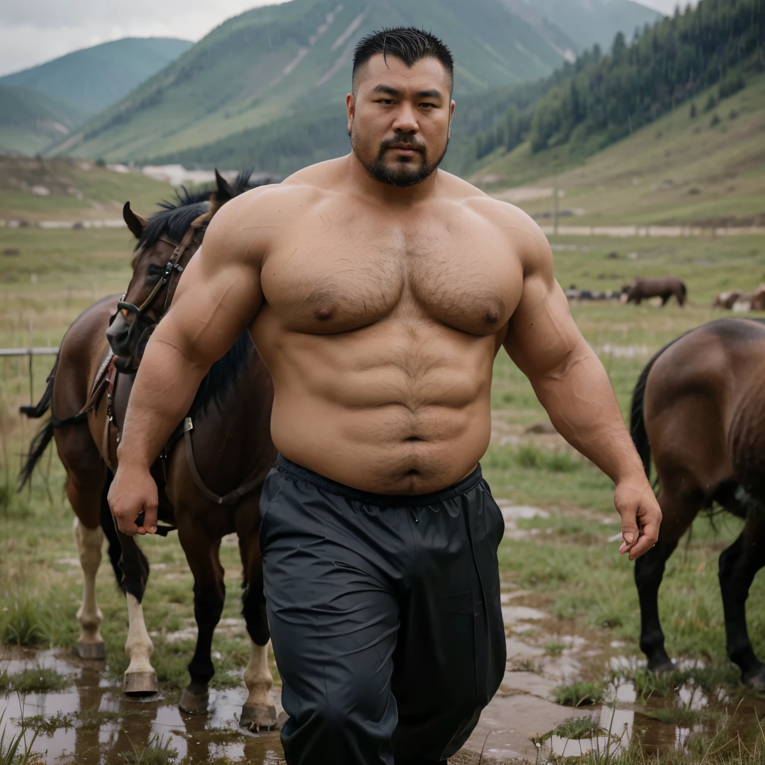 A short haired Mongolian man leading a horse on a rainy mogolian grassland,rain drops falling on his skin, mongol,Thick body hair, Strong masculine characteristics, sexy muscular body, partially male hairy torso,masculine and strong,sexy muscular upper body,Fat belly,light tan skin, robust stocky body, beefy, belly button showing, half man half asian black bear, potbelly, dad bod, half man half asian black bull, full body shot, background is mogolian landscape