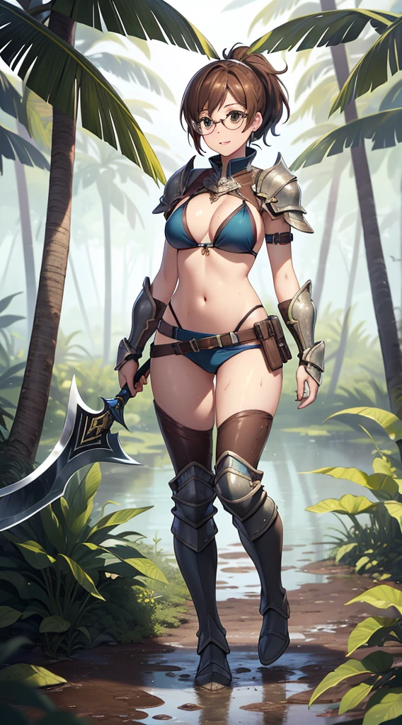 (1 girl,solo) ,fantasy, High resolution, 19 Private, Creative, (Waist sheath:1.3), open mouth smile, , short hair, medium chest, Show viewer, bangs ,Hazel eye detail, , hands on chest,(brown hair,short ponytail hair:1.5), ,short hair, standing ceremony,straight on, Avec,(Full body Esbian:1.1), white thighs,(Avec:1.4),Close-up portrait of a woman in armor holding a single-edged axe, armor girl, bikini armorfemale knight, bikini armor, bikini armor, gorgeous female paladin, female knight, 美しいfemale knightの, beautiful armor, slender、シルバーbikini armor, exposure of the abdomen, 華やかなbikini armor, stunning armor, skin luster、skin luster、Full body Esbian,Thighs,Woman in silver armor boots covered in mud、(In the muddy swamps、Boots are stained with mud)、covered with a lot of mud、Mud flows down the body、(The skin is covered with mud)、(The skin is covered with mud)、(The whole body stained with mud)、Falling into the mud, Mud-stained armor,Glasses,jungle, exposure of the abdomen