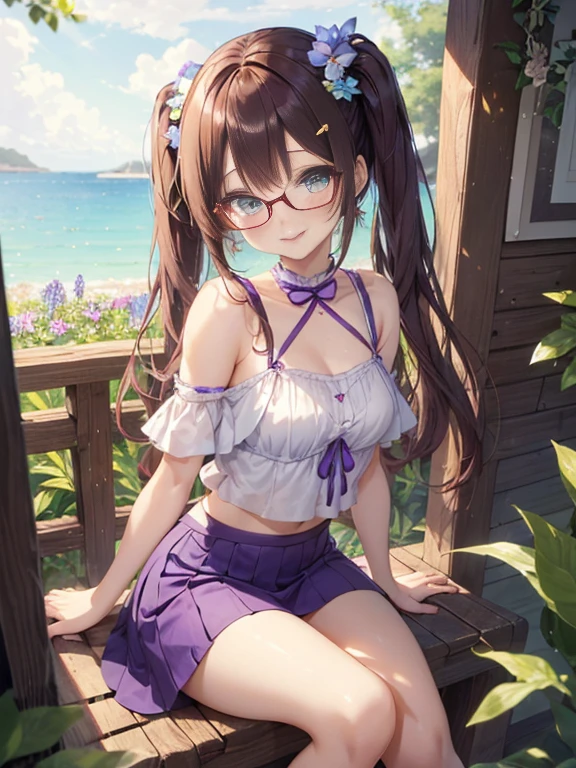 Glasses、小さなgirl、The arrival of spring、big butt、 (alone:1.5,)Super detailed,bright colors, very beautiful detailed anime face and eyes, look straight, ;d, shiny_skin,girl, (Green Long Hair,Inner color is red 、forehead is exposed.、green eyes、、shiny hair, delicate beautiful face, blush、(turquoise eyes), White skin, Valletta, earrings,、blue flower field、(((Floral、summer clothes、purple mini skirt)))、twin tails、smile、happy face、face dyed red