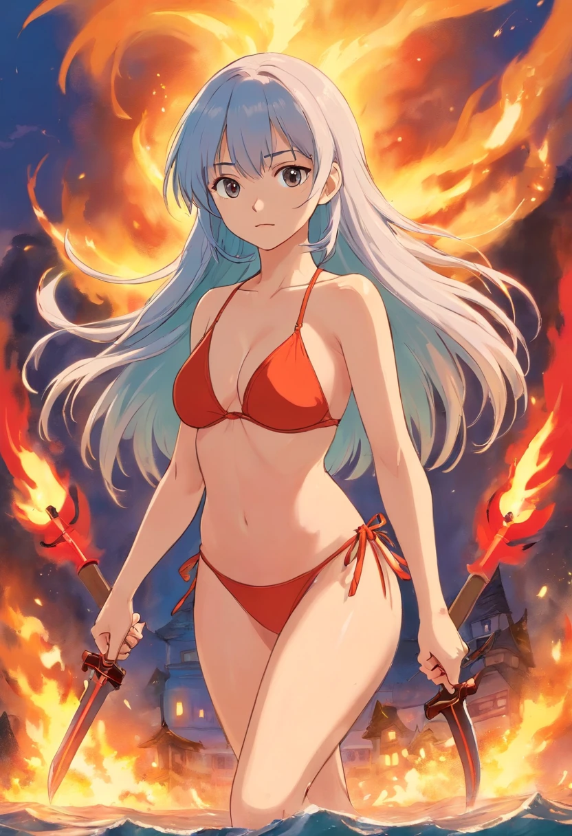 uma mulher guerreira,segurando uma espada longa,bikini,pingando sangue na batalha, There is fire in the background ,