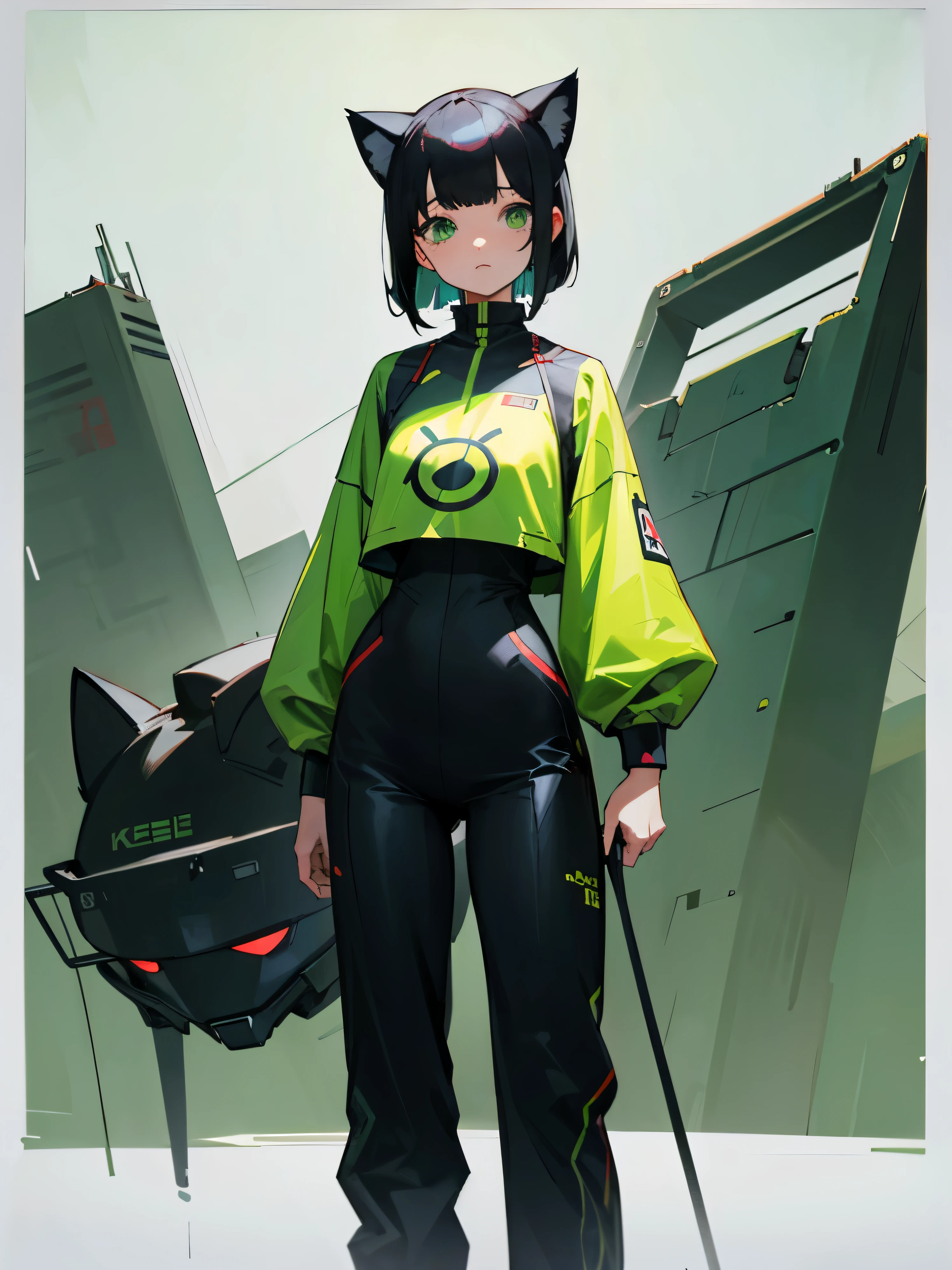 black hair bob、green eyes、cyber jersey、slanted eyes、cat decoration、girl、fine、Standing picture