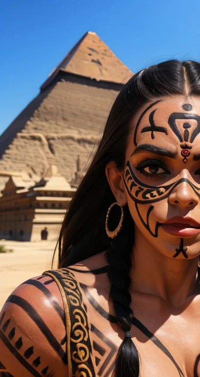 Mujer, with wooden tribal mask, cara tapada, mascara terror, pechos gigantes y grandes, minifalda de cuero, trenzas, tatuajes, bosque, pyramids in the background, con maza y lanza