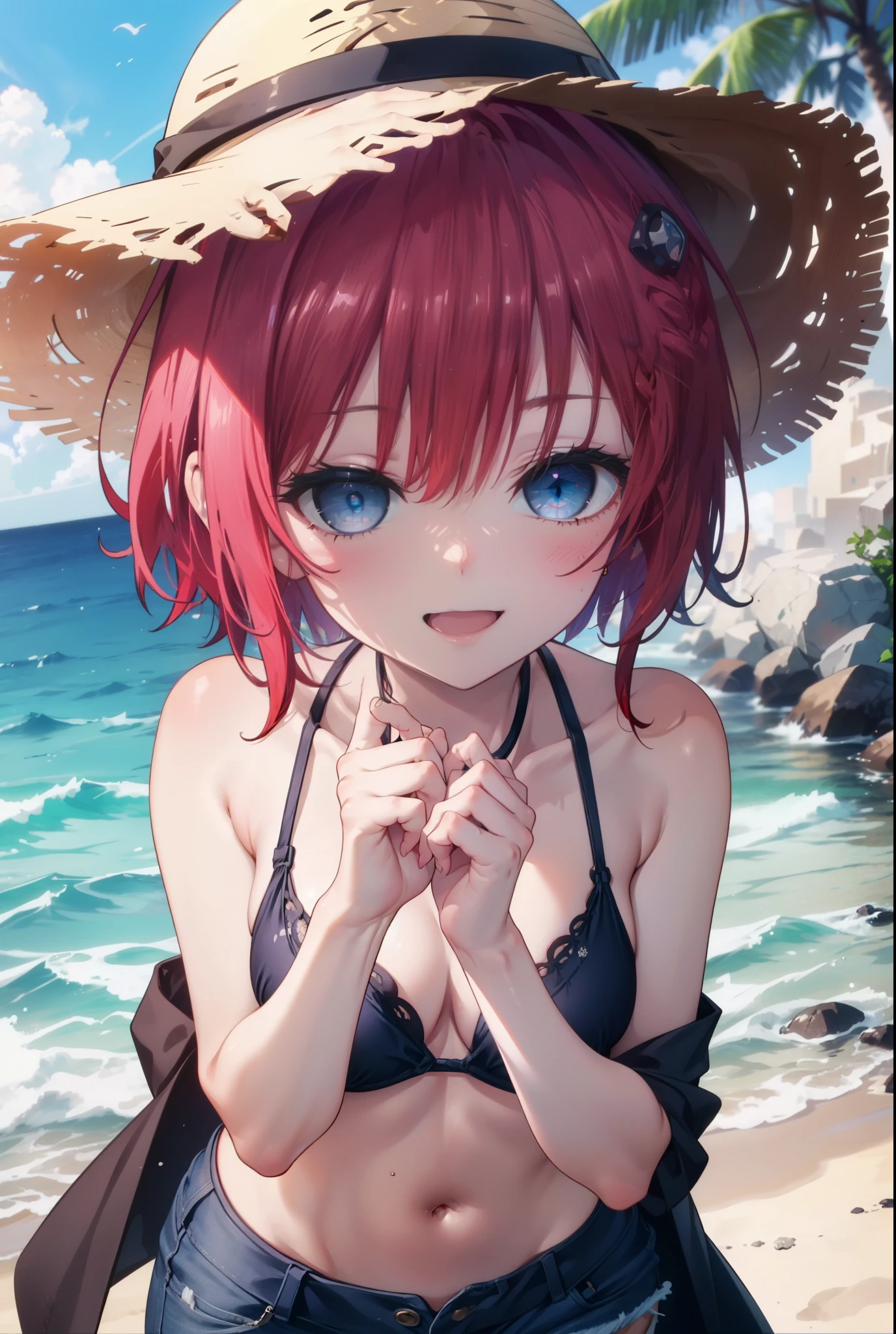 (masterpiece, highest quality:1.2),shape,8K,hd,kurosaki mea,cowboy shot,whole bodyがイラストに入るように,1 girl,happy smile, smile, open your mouth,red hair,long hair,Braid,whole body,Upper body,(portrait:1.2),hair ornaments,smile,belly on,purple eyes,,small breaini swimwear,short denim pants,barefoot,straw hat,barefoot,sandy beach,Light of the sun,palm tree sea,beach,(masterpiece:1.2), highest quality, High resolution, unity 8K wallpaper, (shape:0.8), (beautiful and detailed eyes:1.6), highly detailed face, perfect lighting, Very detailed CG, (perfect hands, perfect anatomy),