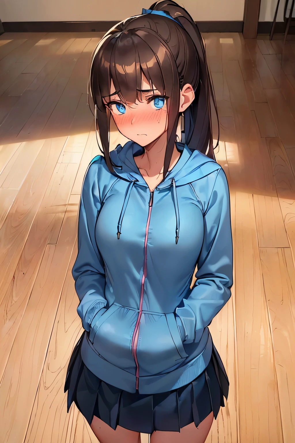 (((medium breasts))), ((best quality)), ((masterpiece)), (detailed), (((perfect face))), (((slender 16yo teen girl wearing light blue zip hoodie))), (((dark blue pleated skirt))), ((brunette, dark brown hair)), ((high ponytail)), (((blue eyes))), ((shy:1.3)), ((blushing:1.5)), ((skinny hips)), (((dining room with wooden floorboards))), ((((girl looking away)))), (((standing)))