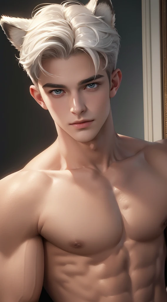 4k, high resolution, best quality, masterpiece, perfect color, perfect shade, perfect lighting, Posted by e621, ((portrait)), ((handsome man)), perfect male figure, Short hair details,chest muscles,abdominal muscles,Naked torso,Detailed face, perfect face, (stood up), Detailed background, ((Bonifasco Lighting)), (delicate eyes),(animal ears),white hair