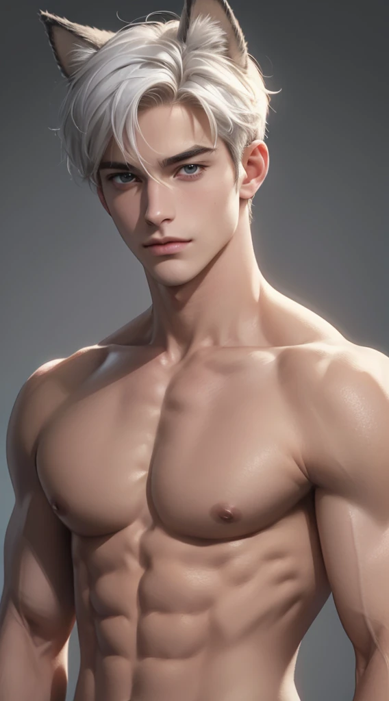 4k, high resolution, best quality, masterpiece, perfect color, perfect shade, perfect lighting, Posted by e621, ((portrait)), ((handsome man)), perfect male figure, Short hair details，chest muscles，abdominal muscles，Naked torso，Detailed face, perfect face, (stood up), Detailed background, ((Bonifasco Lighting)), (delicate eyes),(animal ears),white hair