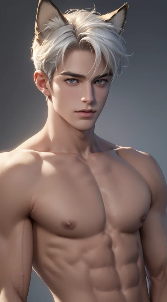 4k, high resolution, best quality, masterpiece, perfect color, perfect shade, perfect lighting, Posted by e621, ((portrait)), ((handsome man)), perfect male figure, Short hair details，chest muscles，abdominal muscles，Naked torso，Detailed face, perfect face, (stood up), Detailed background, ((Bonifasco Lighting)), (delicate eyes),(animal ears),white hair