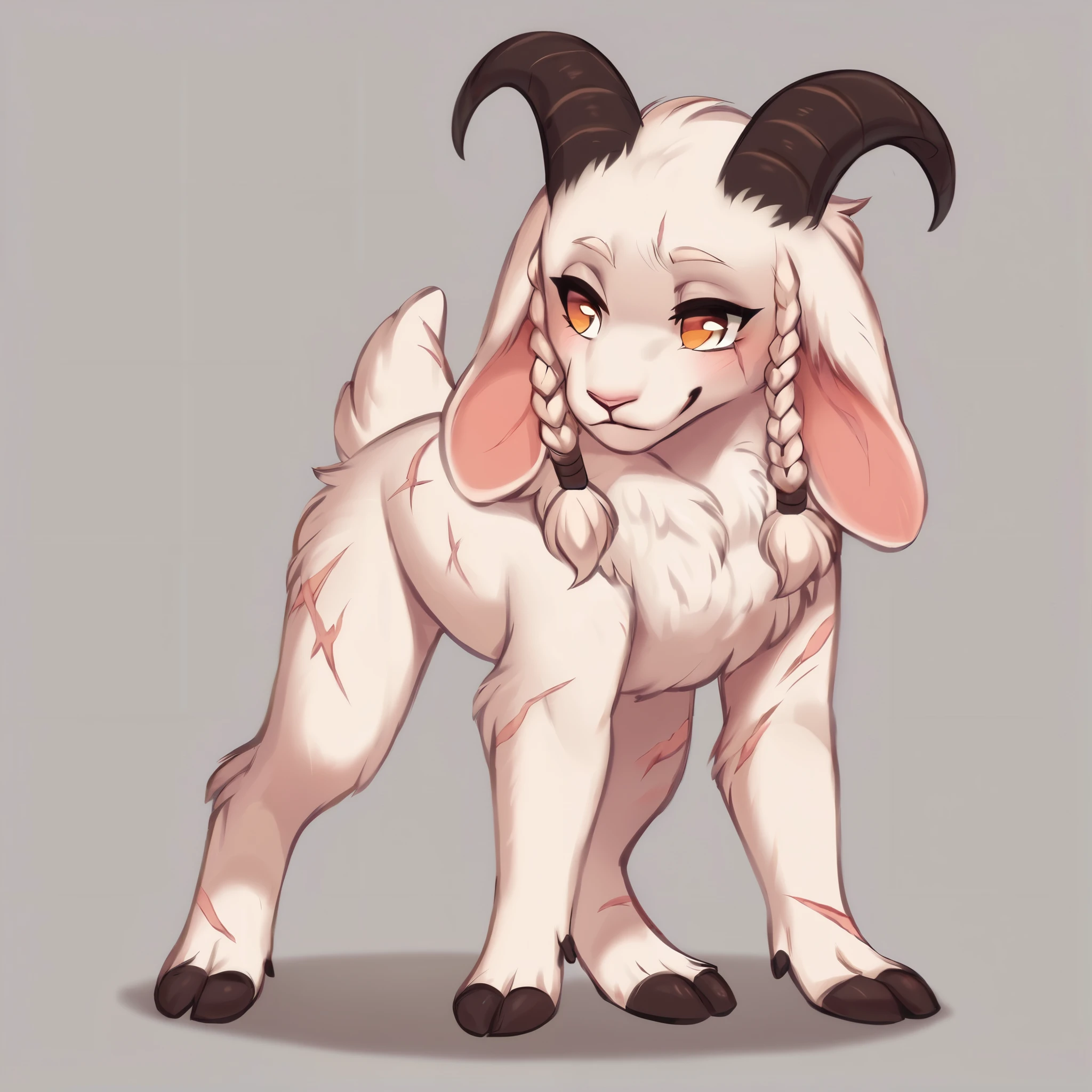 score_9, score_8_up, score_7_up, score_6_up, score_5_up, score_4_up, show accurate, full body, hungry body, simple background, feral goat, female goat, white fur, albino fur, single color fur, age goat, adorable face, goat horns, goat pupil, golden eyes, tender look, loving look, mane covering the neck, small braids in her hair and mane, standing on all fours, many scars all body, long scars, scars on the face,