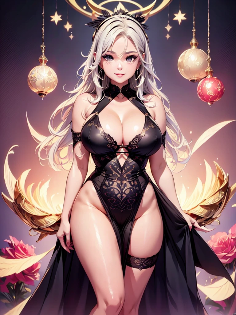 最高のmasterpiece、beautiful beauty, 3D 2 dimensions, rich, blonde, skirt, stockings, high heels, star、(Highly detailed CG Unity 8K wallpaper),(masterpiece), (Super detailed), (best work),(best shadow), (sharp eyeliner, eye shadow, fine eye:1.1), ,mature woman、sensual curves、full body shot, Beautiful woman, enchanting smile, thick lips, plump lips, blush, looking at the viewer, provocative expression, beautiful hairstyle, cleavage, Plump、curvy hips、attractive face、an inviting gaze、expression of emotions、(((Dresses with elaborate designs)))、gorgeous accessories 、big breasted woman, golden hair, colored feather, metal ornaments, colored flowers, particle, light, (fractal art:1.1),(colorful:1.1)、(flowers:1.3),most detailed,(((Moderate exposure))), (dynamic pose), (abstract background:1.3), (shiny skin), (lots of colors :1.4),(earrings:1.4), (feather:1.4) 30~40 years, full body shot, beautiful different hairstyles，gold headband，plump breasts，greek clothing，Tulle covers the chest，perfect balance, costume details details,cinematic lighting, high detail, openwork decoration，(((colorfulな最高級ドレス)))、(((解剖学的に正しいbody))) , raise your butt, cowboy shot, blush, (((1 girl))), (masterpiece:1.3), perfect face, Nice eye and face, (((highest quality))), (Super detailed), detailed face and eye,美しいeye,(((sexy pose)))、(((good shape big breasts)))、((美しい eye))、luxury、(((ultra high resolution)))、(((detailed description)))、(((ぽっちゃりbody型)))、(((解剖学的構造に一致したbodyの部位)))、Beautiful long lashes、バランスのとれたbody型,The legs and arms are just the right size.、Fishnet tights、glamorous、(((Clear white and black eye)))、lipstick、Sparkling、(Undistorted face, eye, body)、jewelry、gem、(Beautiful long curled eyelashes)、(((Beautiful well-balanced breasts)))、(transparent, Exquisite skin:1.2)、(((完璧なglamorousボディー)))、actress face、Super beautiful、cute smile、Healing beauty、flower shower、(((完璧なeye)))、realistic representation、super sexy、shiny、glamorous、Excellent dark correction、(((ぼやけていないeye)))、(((Plump face)))、cute face 、(((shiny輝く肌))) 、(((gorgeous long dress)))