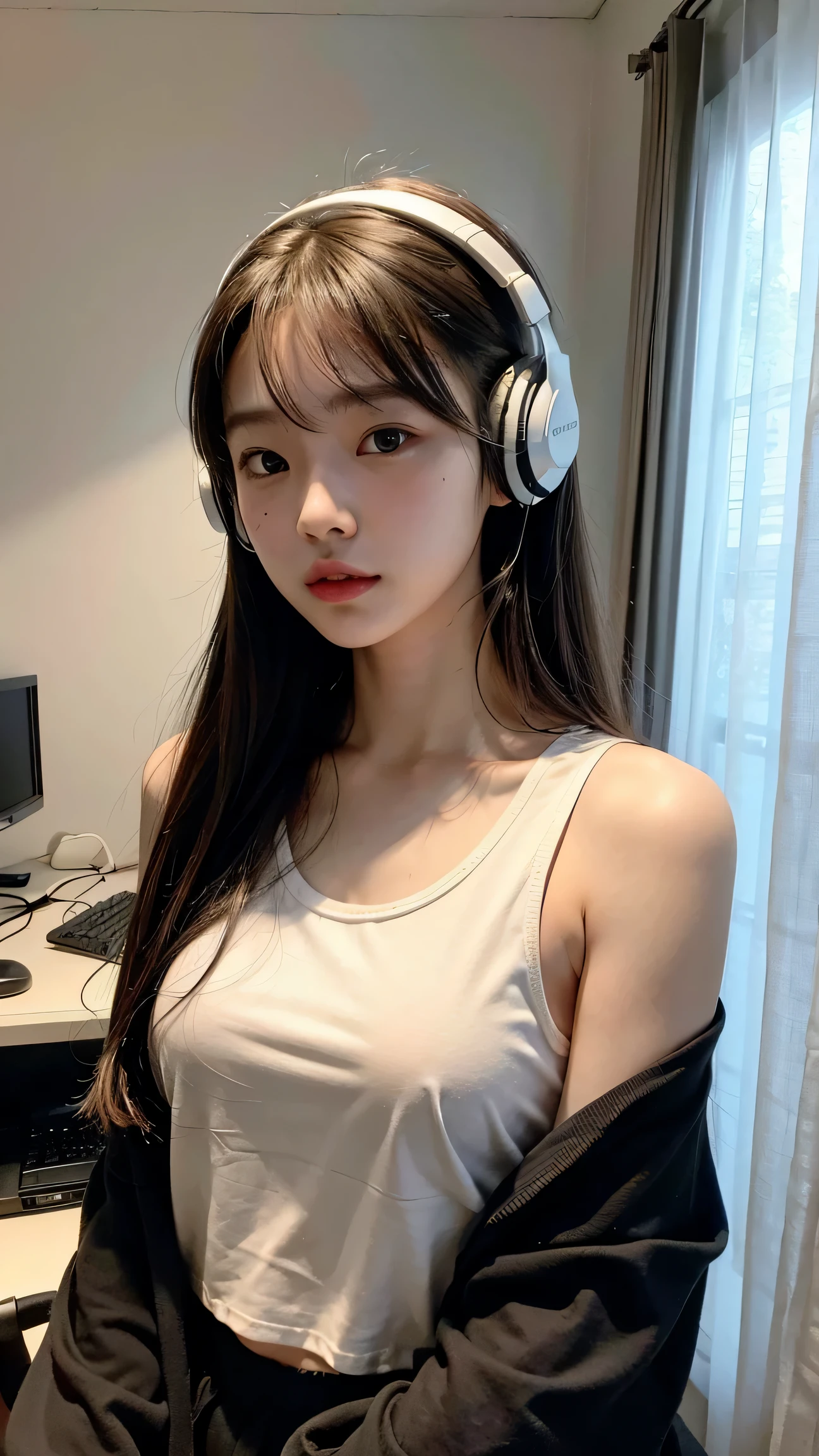 Highest quality, 8K, photo, (1 female), Japanese, young, 18 years old, headphones, white tank top with a large gap in the chest, black jumper that shows off, (computer geek), home, night, curtains