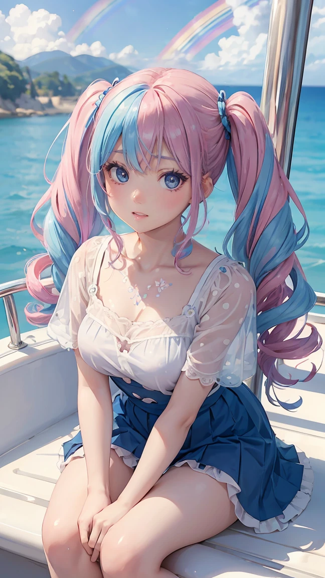 (masterpiece:1.2), (highest quality:1.2),, Curvy but slender body, perfect eyes, perfect face, perfect lighting, 1 girl,(rainbow colored hair, colorful hair, Half blue、half pink hair: 1.2),  cherry blossoms、 Glasses、（cute shirt），（whole bodyが見える），spring、（painted on steel、Transparent sexy clothes、polka dots、lace skirt），curly hair, Clothes with short sleeves, 、In the sea、on the boat、, compensate, eye shadow, small breasts、thick eyelashes, fantasy, looking at the viewer, whole body，alice in wonderland、blue sky、Bright and beautiful face、young shiny glossy white shiny skin、the best beauty、the most beautiful in the world、thin hair、long hair、Shining beautiful bangs、big shining blue eyes、very beautiful and lovely 8 , the most beautiful girl in the world、twin tails、Glasses、a disappointed face、Waiting for a kiss、smile