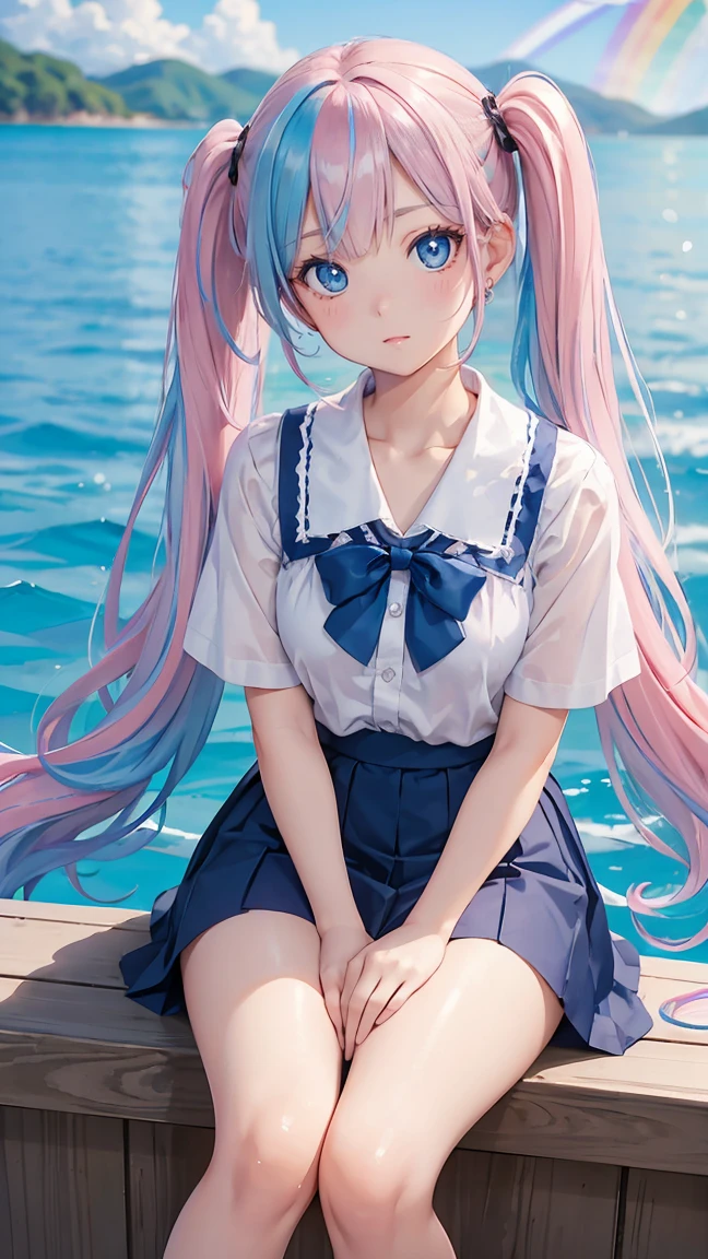 (masterpiece:1.2), (highest quality:1.2),, Curvy but slender body, perfect eyes, perfect face, perfect lighting, 1 girl,(rainbow colored hair, colorful hair, Half blue、half pink hair: 1.2),  cherry blossoms、 Glasses、（cute shirt），（whole bodyが見える），spring、（painted on steel、Transparent sexy clothes、polka dots、lace skirt），curly hair, Clothes with short sleeves, 、In the sea、on the boat、, compensate, eye shadow, small breasts、thick eyelashes, fantasy, looking at the viewer, whole body，alice in wonderland、blue sky、Bright and beautiful face、young shiny glossy white shiny skin、the best beauty、the most beautiful in the world、thin hair、long hair、Shining beautiful bangs、big shining blue eyes、very beautiful and lovely 8 year old, the most beautiful girl in the world、twin tails、Glasses、a disappointed face、Waiting for a kiss、smile