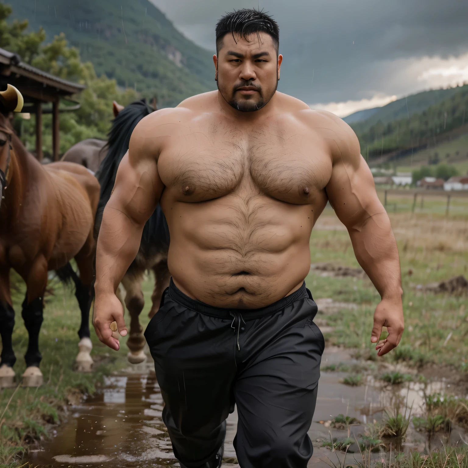 A short haired Mongolian man leading a horse on a rainy mogolian grassland,rain drops falling on his skin, mongol,Thick body hair, Strong masculine characteristics, sexy muscular body, partially male hairy torso,masculine and strong,sexy muscular upper body,Fat belly,light tan skin, robust stocky body, beefy, belly button showing, half man half asian black bear, potbelly, dad bod, half man half asian black bull, full body shot, background is mogolian landscape
