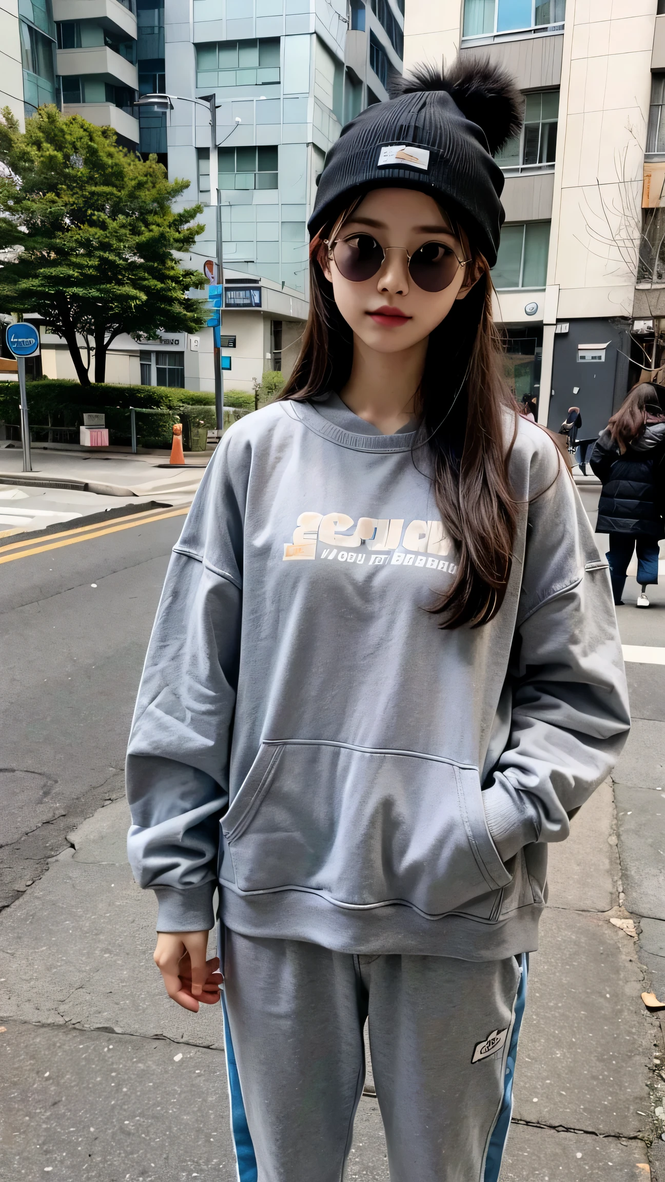 Top quality, 8K, photo, (1 female), Japanese, young, 18 years old, (baggy gray sweatshirt 1.2), hat, sunglasses, face cannot be seen, outside