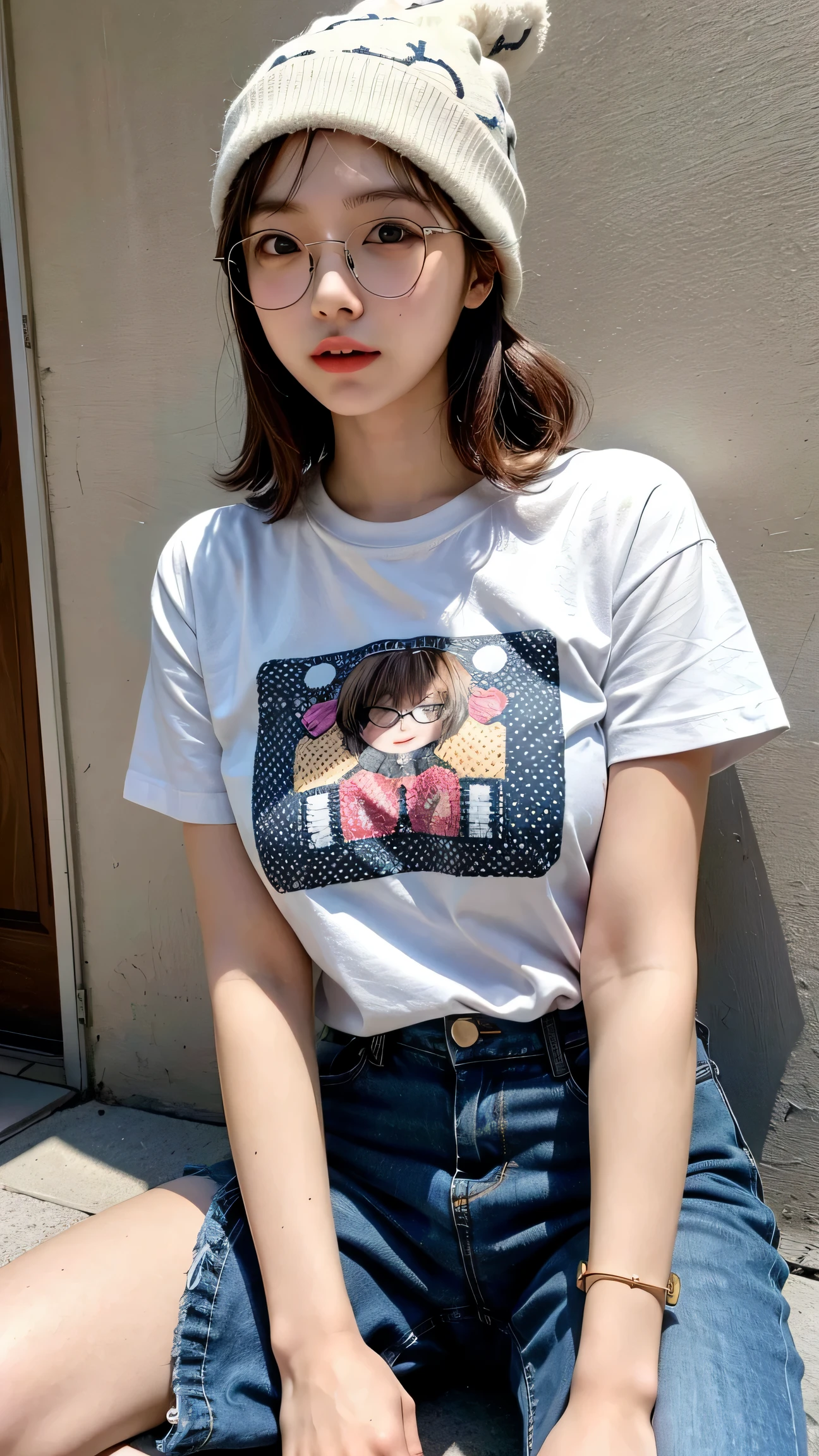 Top quality, 8K, photo, (1 female), Japanese, young, 18 years old, polka dot T-shirt, knee-length pants, knit hat, glasses, outside