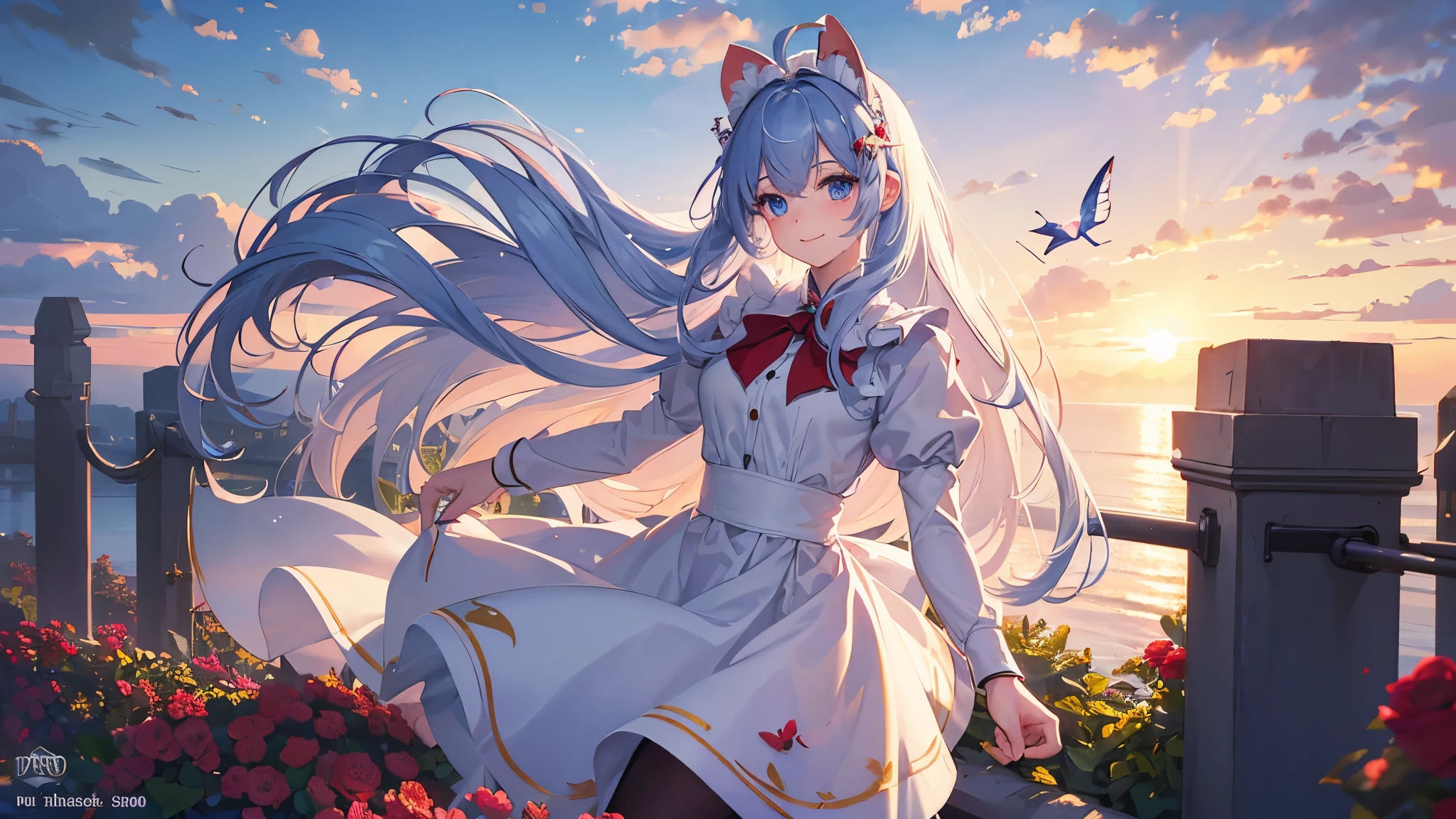 ((​masterpiece、top-quality、detailed)), 4K,8K, 1 girl in, maid, ((white uniform))、White inner hair, Ahoge face, Hair between eyes, blue eyes, Black skirt, , red ribbon, colorfull eyes, Cloud, blue skies , School, pretty face, adorable, smile, butterflys, sunrise, Daylight mottled, fixed finger, tights,