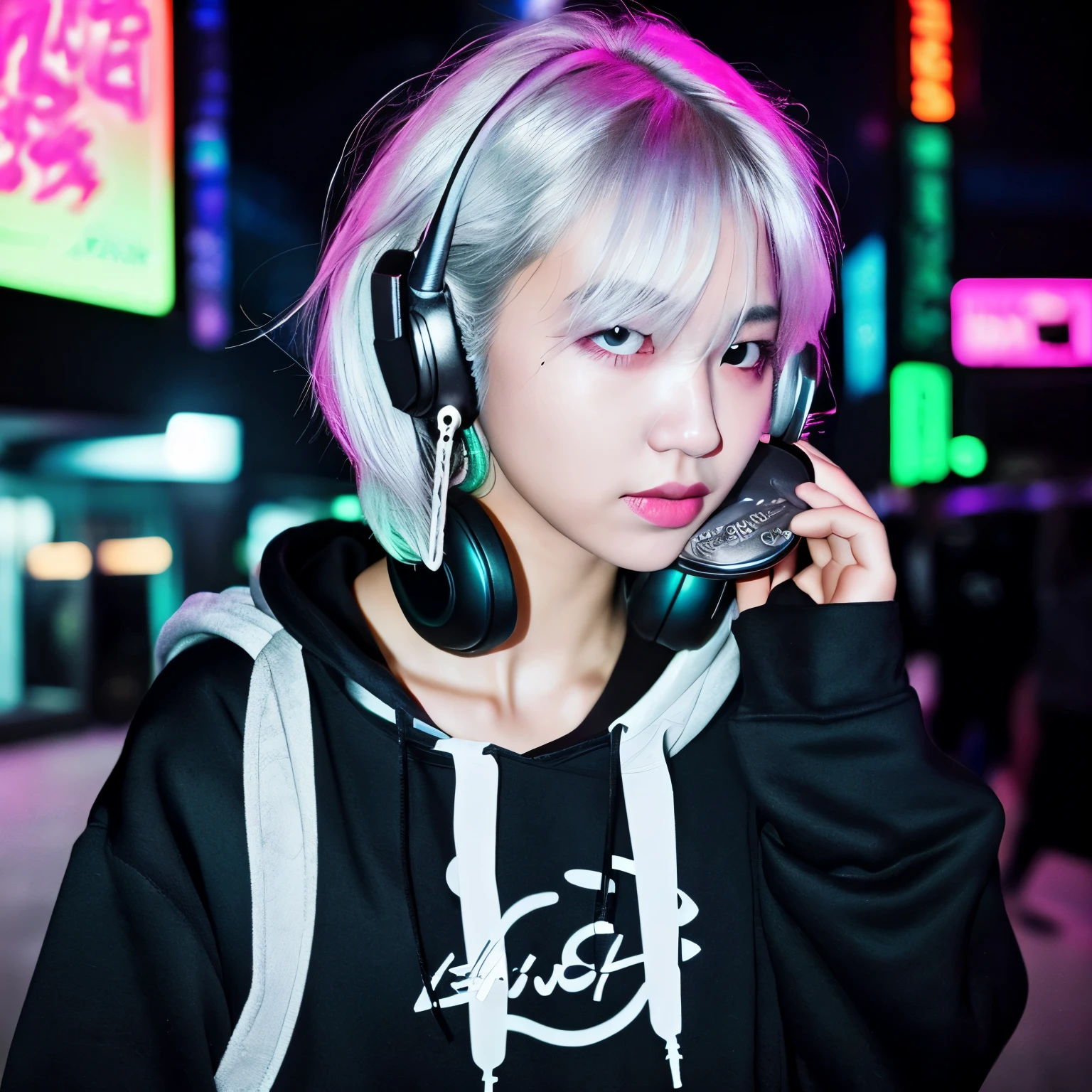 Two-dimensional beautiful girl, silver hair, earrings, subculture, headphones around the neck, black hoodie, short hair, neon lights
