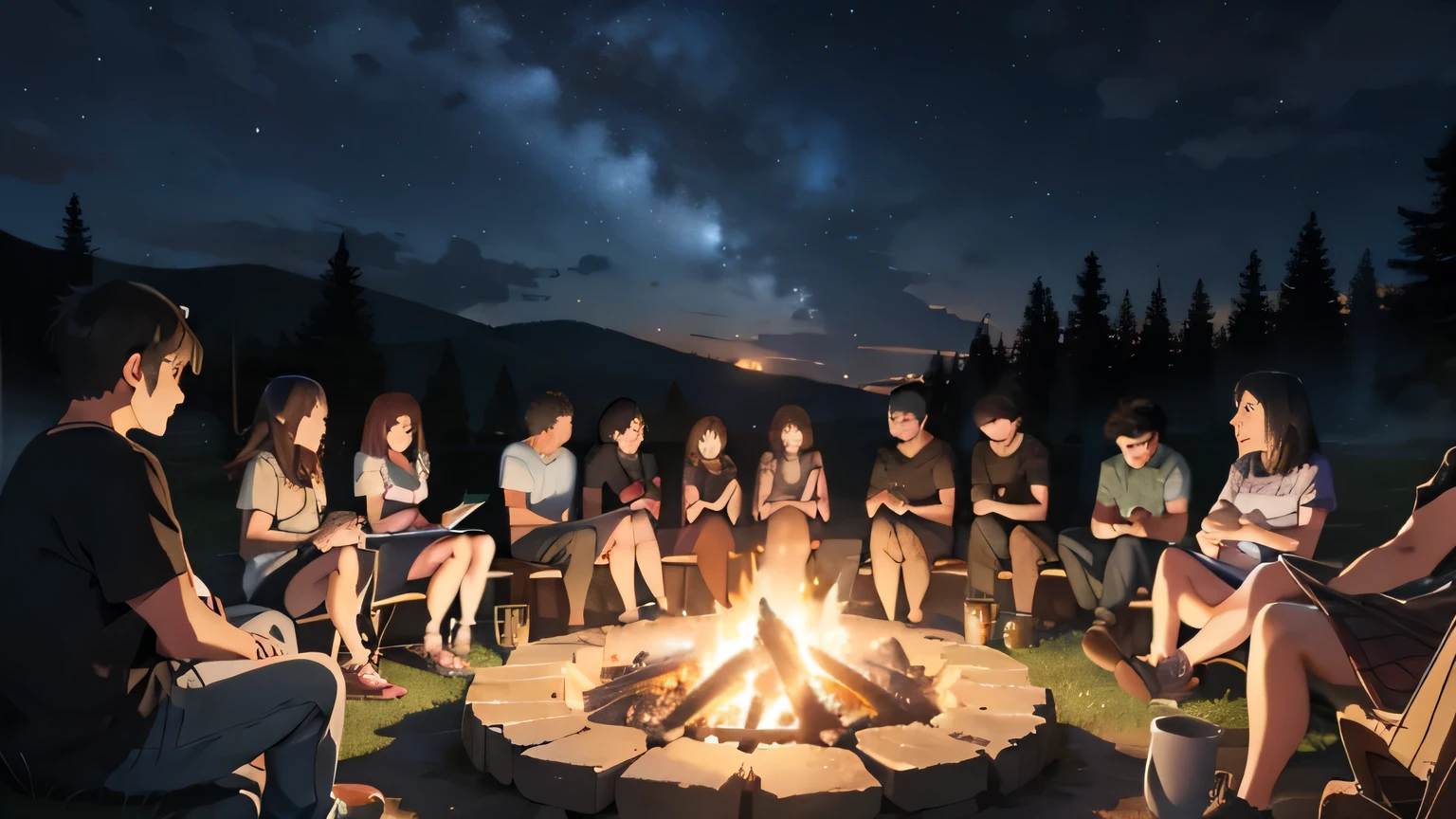 A large number of men and women in their 20s、form a circle、Looking at each other and laughing、Having a campfire、The background is a summer night