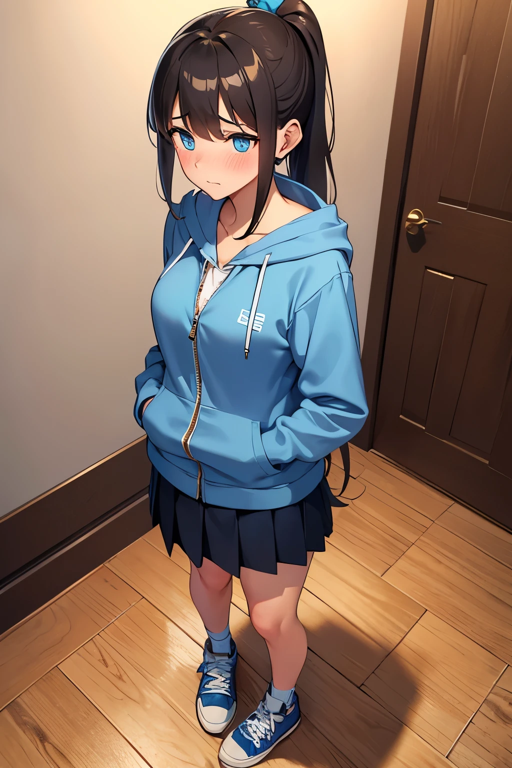 (((medium breasts))), ((best quality)), ((masterpiece)), (detailed), (((perfect face))), (((slender 16yo teen girl wearing light blue zip hoodie))), (((dark blue pleated skirt))), ((brunette, dark brown hair)), ((high ponytail)), (((blue eyes))), ((shy:1.3)), ((blushing:1.5)), ((skinny hips)), (((dining room with wooden floorboards))), ((((girl looking away)))), (((standing))), (((wearing blue sneakers)))