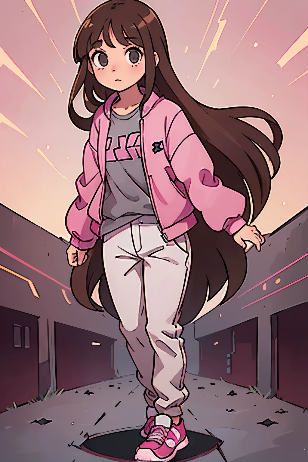 13 year old girl. long brown hair. brown eyes. wearing a gray shirt . wearing dark pink jacket. wearing pink sneakers. wearing grey pants. standing straight. arms at the side. facing forward.whole body can be seen. cosmic background.