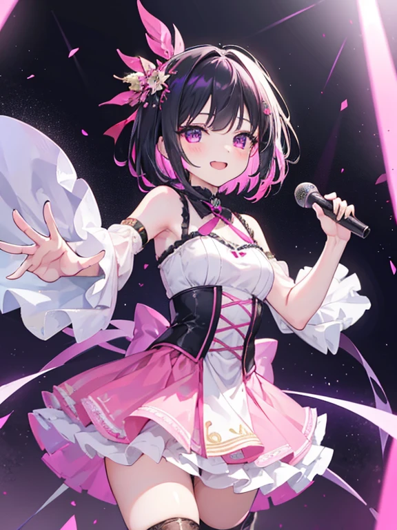 1girl, solo, azki, idol, idol clothes, pink dress, black dress, ribbon, white dress, (short hair:1.25), multicolored hair, two-tone hair, pink hair, black hair, purple eyes, singing, concert, stage, outdoors, dynamic pose, bare shoulders, thighhighs, smile,