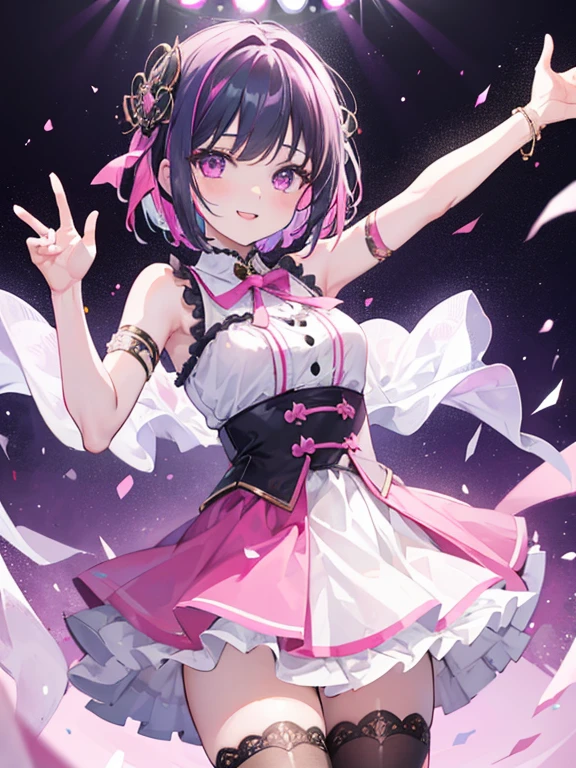 1girl, solo, azki, idol, idol clothes, pink dress, black dress, ribbon,  white dress, (short hair:1.25), multicolored hair, two-tone hair, pink hair, black hair, purple eyes, singing, concert, stage, outdoors, dynamic pose, bare shoulders, thighhighs, smile,