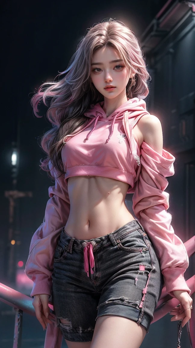 ((masterpiece, highest quality, Highest image quality, High resolution, photorealistic, Raw photo, 8K)), Ultra Wide Angle, girl, (Lower bust:1.4),Large breasts droop、(ssmile:1.5),Colored inner hair,Long gray hair:1.5,Long unkempt hair:1.35,cabelos preto e longos,Complex hairstyles,(((neon_Pink_There are eyes:1.3))),complex eyes,Beautiful and delicate eyes,symetric eye)),(spider lower abdomen,Willow waist,Wide hips,athletic body build,inflatable legs,Detailed body), Cute big breasts,'s,((((cropped hoodie,)))), (dynamicposes:1.0),Just focus,Embarrassing,(Located in the center,Scale to fit the dimensions,the rule of thirds), Neon lights are particularly eye-catching, very bright neon light,during night, star night, kosmos, artsy photography,(Photos taken by sldr),A high resolution, Focus sharp, (realistic artwork:1.37),(extremely detaild's CG unified 8k wallpapers),((Synthetic wave background theme)),(((vibrant with colors))),iintricate,(intricate background),(tmasterpiece),(Best quality at best),It's a perfect face,Perfect facial detail,Realistic face,Live photos,analogue style,((Complicated details)),(((actual))),