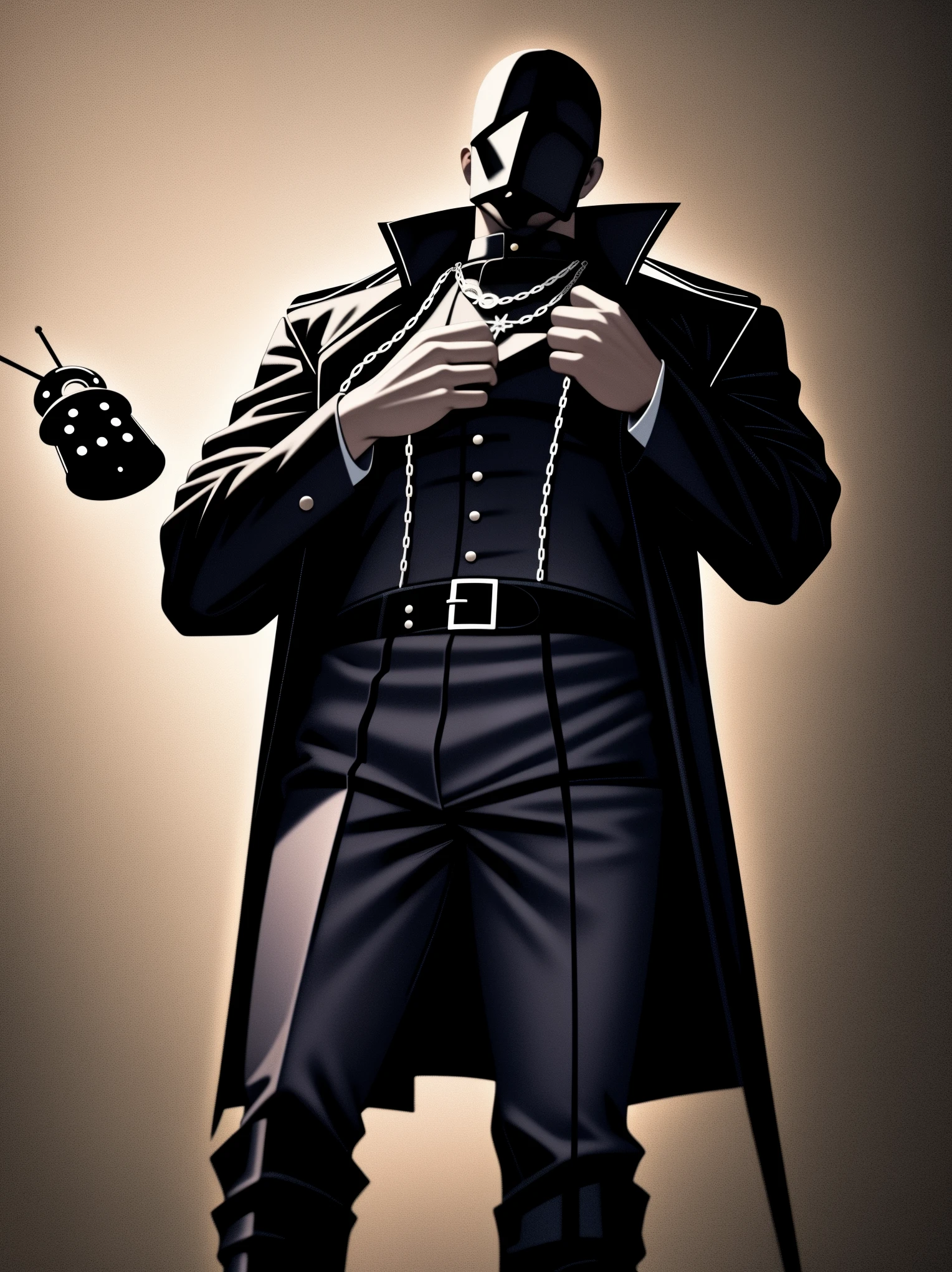 demon hunter, equipped with two pistols, with a large hat that partially covers his face, a masculine and battle-hardened man, wearing a long black trench coat, symbols of protection all over his body, purple glasses, pendants on his neck, rosary religious, ruthless and professional, work boots and an old watch in a pocket, in the background a city with a bell tower where the bells ring, dark atmosphere, 3d illustration, high quality, realistic and highly detailed, a masterpiece,Physically based representation，sosteniendo el arma con ambas manos，apuntar a ti