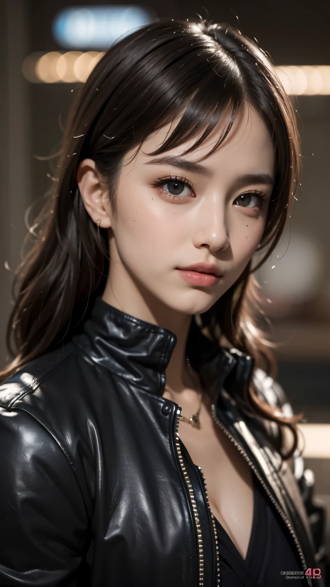 masterpiece, masterpiece, Highest quality, Highest quality, Realistic, Unity, 8k wallpaper, Official Art, very detailed CG Unity 8k wallpaper, (Realistic: 1.4), Super Detail, High resolution, Super Detail, wonderful, The finer details , Cinema Lighting, (brown|Black Hair:1.4), Medium Hair, (Reality Skin:1.2), (light brown skin:1.2), Beautiful details, The eyes and face are very detailed, Beautiful eye details, Large file size, Very detailed and beautiful, Dark Eyes, Model shooting style,(((Short biker jacket worn on the skin 1.85)))、(((Black Background 1.5)))、Vibrant poses、