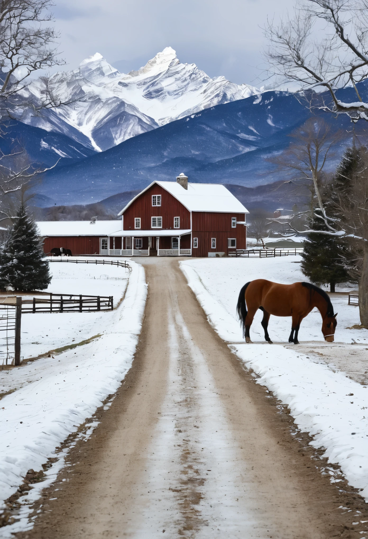 create a picture of a farm house in the back ground with a long gravel road leading to it with mountains with snow on them in the back ground. Also put a couple of horses in the picture close to the house as well as cattle on the farm. the setting should be ate afternoon