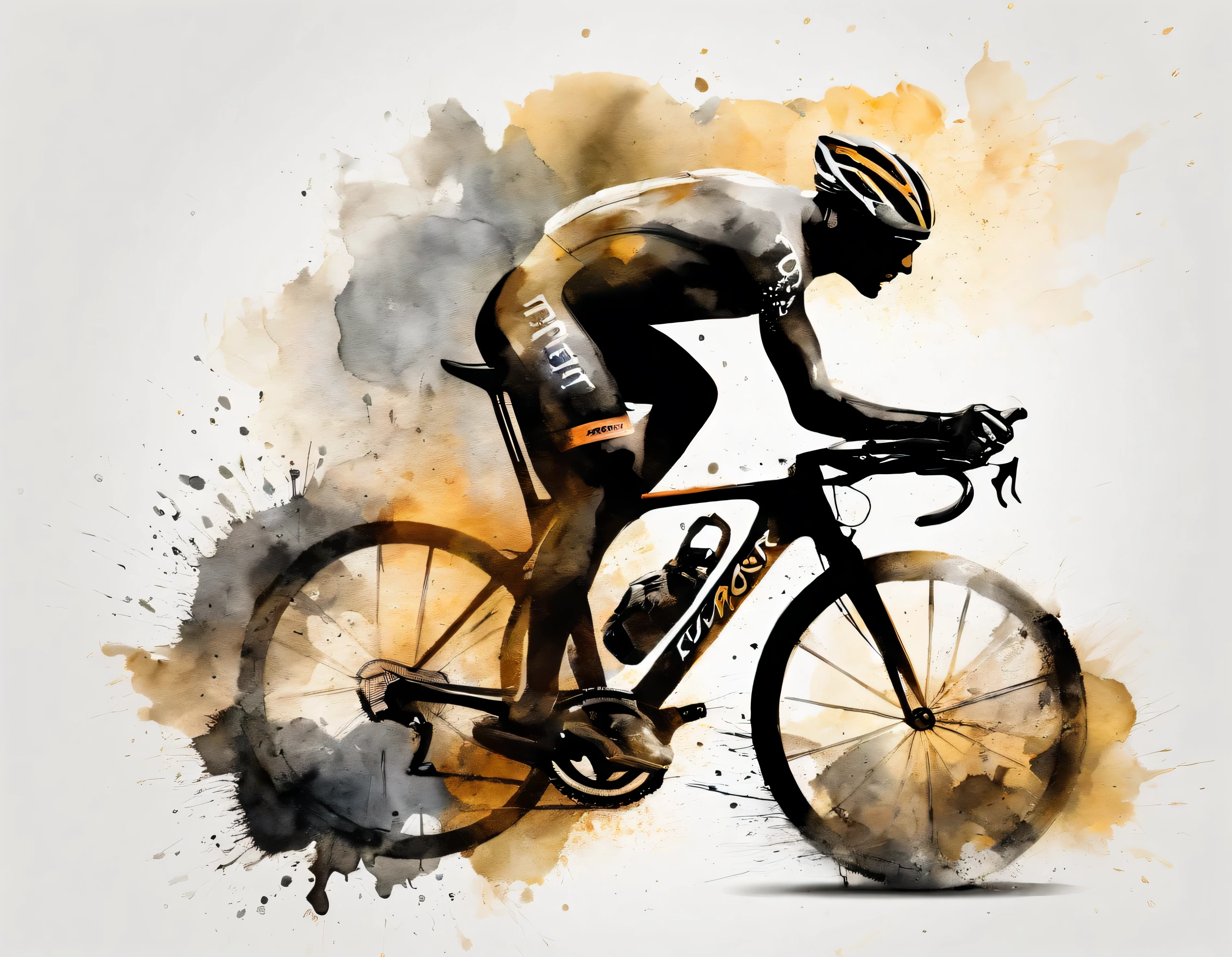 logo para ciclismo de triathlon, velocista, montanha no fundo, lobo feroz na frente, metalico, dourado e preto,