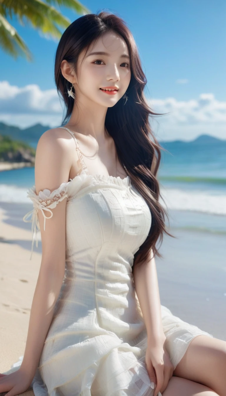 A young and beautiful,Beautiful cute girl，half-body photo。Extremely beautiful and delicate，Black color hair，A sweet smile，Delicate and beautiful fair skin，Realistic and realistic，exquisite and complete facial features，Detailed depiction of the face，tall nose bridge，Smooth hair，extremely detail hair，Feminine temperament，with a well-proportioned body，Realiy，White teeth，Tied up with hair，Hyper-realism，sandals，Extreme picture quality,Highest precision,Precise and perfect human anatomy。with blue sky and white clouds，rays of sunshine，(Tutu dress)（telephoto shot，）Express the landscape，Under coconut trees，Highlight portrait。Sitting on the beach by the sea。Wearing earrings，Sideways photo,