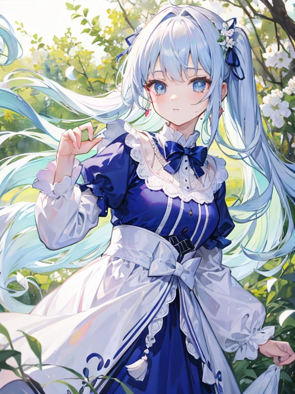 natural lighting, soft smile, floating hair, spring ephemerals