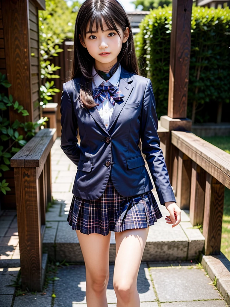 (masterpiece, highest quality:1.4), award-winning portraits, 8K, 85mm, alone, beautiful face, delicate girl, , (dark navy blazer jacket, turn your arms behind your back, close your face:1.2), dark navy skirt, long sleeve, violaces, gardenia, grace, Sophisticated, cute, teen, looking at the viewer, , Raw photo, disorganized, HDR, sharp focus, A bow tie, background bokeh、(((flat 、thin and delicate body、A childish atmosphere)))、shiny semi-long hair、hair swaying in the wind、Mole on the left cheek、large, round, dark blue eyes、full body、random pose、Run、sprinting、Skirt fluttering in the wind、Junior idol、Nogizaka Idol、widening skirt、jump