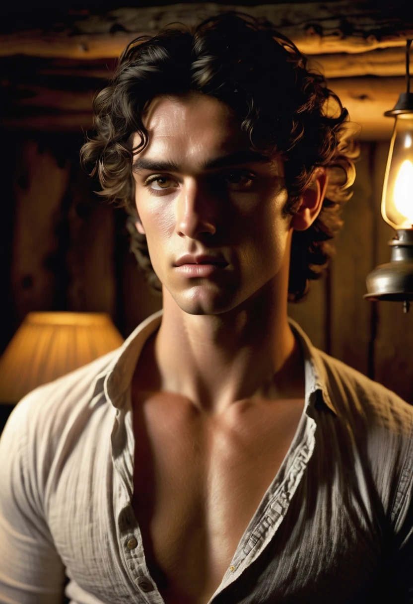 (highly detailed, soft light, photorealistic, dynamic light; cinematic); victorian era; 1820s; 24 years old man; Greek; 1820s Anglican priest; incredibly attractive; dark and brooding; masculine yet beautiful; helpless longing stare; confused expression; Adonis; moody; intense; hooked Greek nose; sensual; amorous air; very attractive; lean figure; olive skin; stubble; hazel-green eyes; thick strong dark-brown eyebrows; long full sideburns; 1820s simple woolen workers clothes, unbuttoned; naked chest with dark-brown hair; short tousled dark-brown wavy hair; full luscious moist lips, parted; mouth slightly open; standing in a cosy 1820's log cabin with a bed and oil lamp in the background; looking at camera