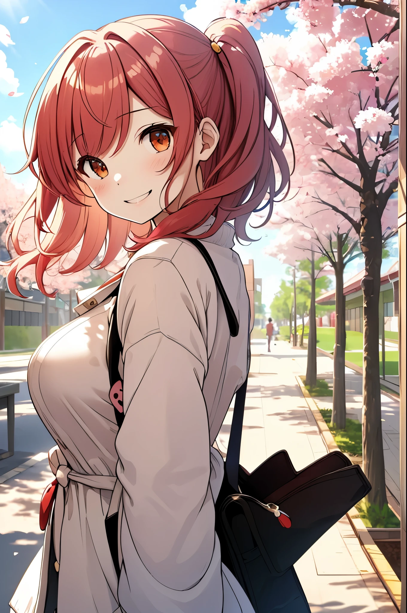 girl, on campus, cherry blossoms, simple canvas style painting style), (Bright and fresh color matching), (shy smile, natural behind the handle), (mid spring, 通りの両側には見事なcherry blossoms並木が) (beautiful blue sky and white clouds, soft and colorful, sunlight), simple background,red hair