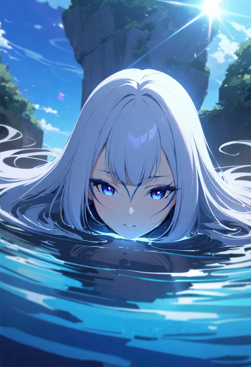 (((shylily))),(masterpiece, best quality), 1girl, solo, absurdres,((Masterpeace, 4k, 8k, highres)),epic scenery,solo(dead angel(black blue ,beautiful,mystical,intricate,detailed,dark look)),she is killing on the black water,colorful refraction,surreal,intricate,blue sky,dynamic angle, white hair,