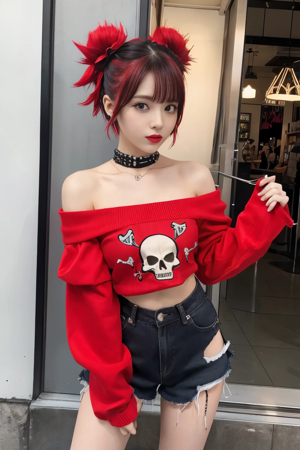 cute punk idol、whole body、good style、、、、、skull print red punk costume（off shoulder）、、Short hair