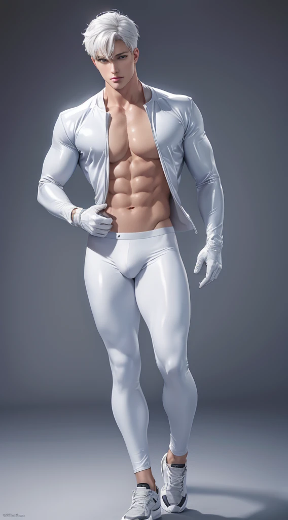 Full body photorealistic 4k, high resolution, best quality, masterpiece, perfect color, perfect shade, perfect lighting, Posted by e621, ((portrait)), ((handsome man Superboy)), perfect male figure, Short hair details,chest muscles,abdominal muscles,wearing white and silver tight fit latex spandex and gloves,Detailed face, perfect face, (stood up), Detailed background, ((Bonifasco Lighting)), (delicate eyes),),white hair