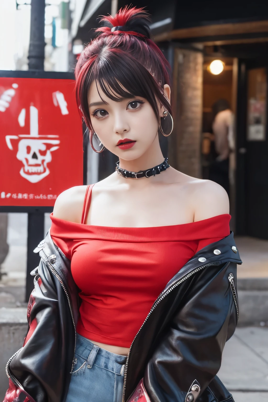 cute punk idol、whole body、good style、、、、、skull print red punk costume（off shoulder）、、Short hair