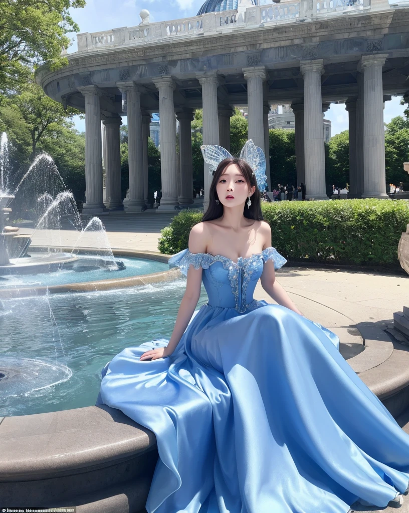 A woman in a blue dress is sitting on the ground near the fountain, celestial fairy tale, Expensive voluminous dress