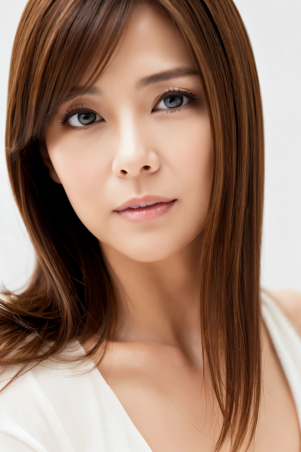 masterpiece, top-quality, high resolution, Photorealsitic, Raw photography, 8k wallpaper, flawless, profetional lighting, ighly detailed, depth of fields,Pale solid color background, ((one beautiful women, Japanese mature)), (48yo)), Female sexy, Detailed face, beautidful eyes, bangss, small breasts of good shape, very thin waist, Light Brown Straight Hair, Faint lips, ((Stand forward、Staring at the viewer, serious face eyes.)), White Dress, cowboy shot