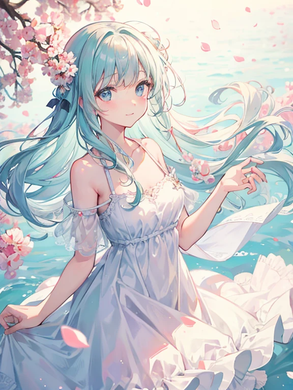 natural lighting, soft smile, floating hair, spring ephemerals 