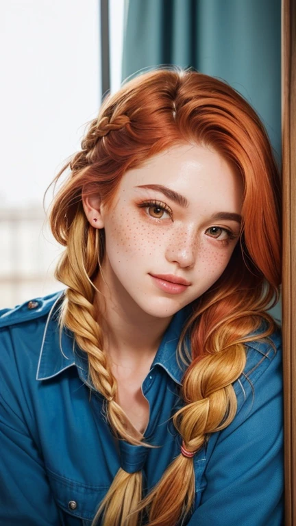 photo,8k,sharp focus,beautiful woman,close up,t-shirt,(detailed eyes:0.8),(looking at the camera:1.4),(highest quality),(best shadow),brown eyes,rim lighting,two tone lighting,dimly lit,low key,intricate details,interior,ponytails,ginger hair:1.3,open mouth:0.7,freckles,