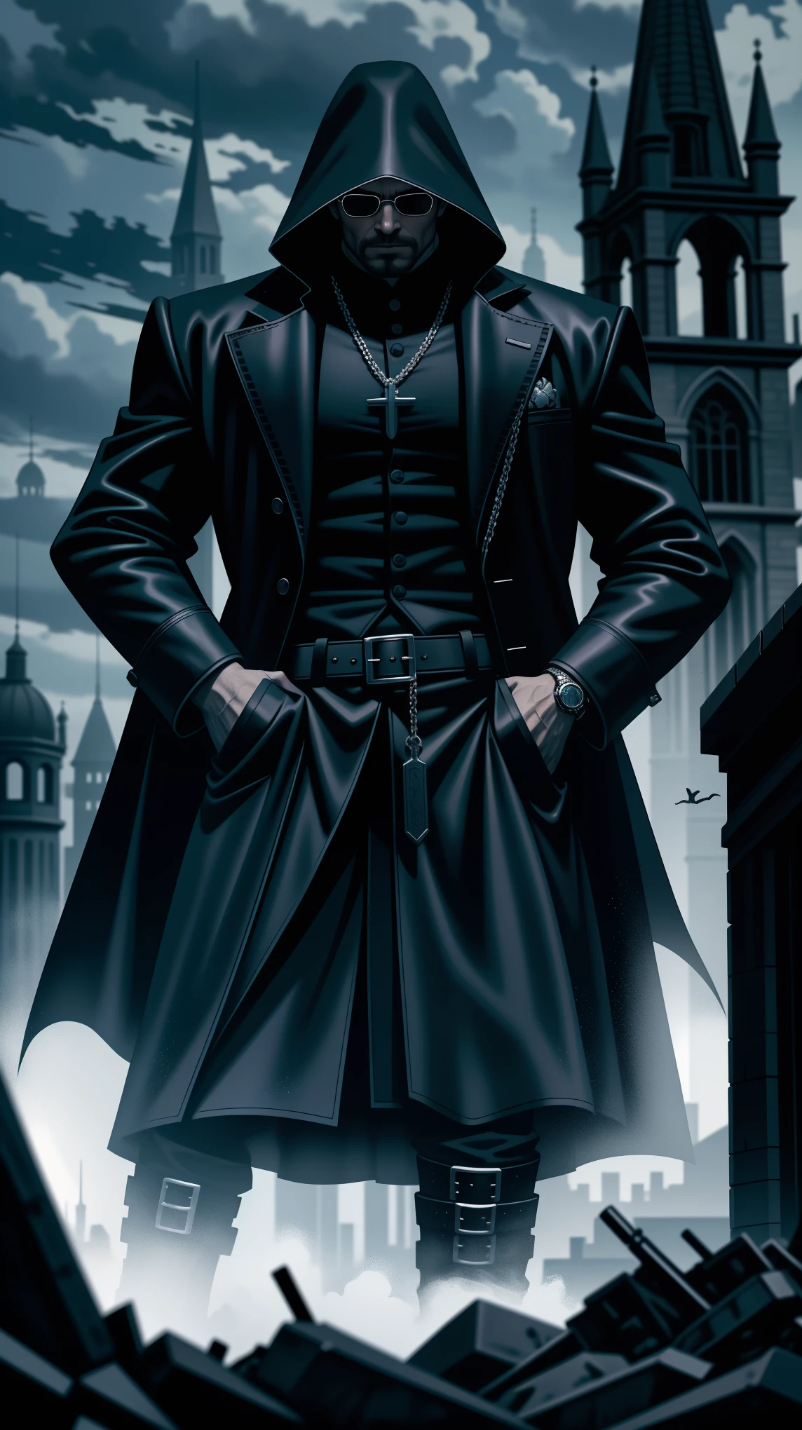 demon hunter, equipped with two pistols, with a large hat that partially covers his face, a masculine and battle-hardened man, wearing a long black trench coat, symbols of protection all over his body, purple glasses, pendants on his neck, rosary religious, ruthless and professional, work boots and an old watch in a pocket, in the background a city with a bell tower where the bells ring, dark atmosphere, 3d illustration, high quality, realistic and highly detailed, a masterpiece,Physically based representation,sosteniendo el arma con ambas manos,apuntar a ti