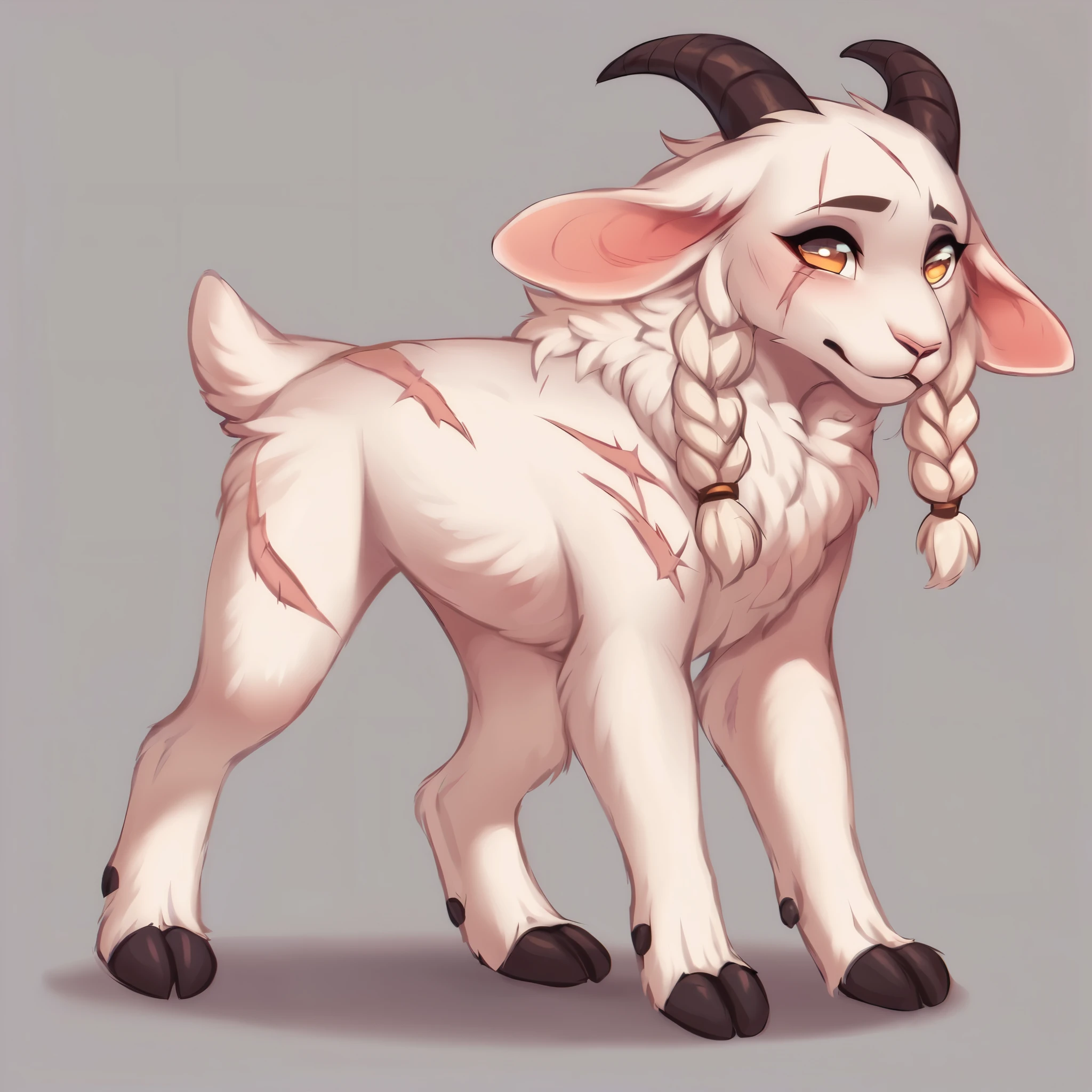 score_9, score_8_up, score_7_up, score_6_up, score_5_up, score_4_up, show accurate, full body, hungry body, simple background, feral goat, female goat, white fur, albino fur, single color fur, teenage goat, adorable face, goat horns, goat pupil, golden eyes, tender look, loving look, mane covering the neck, small braids in her hair and mane, standing on all fours, many scars all body, long scars, scars on the face, 